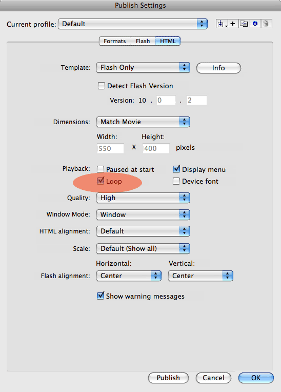 Uncheck this box to disable looping